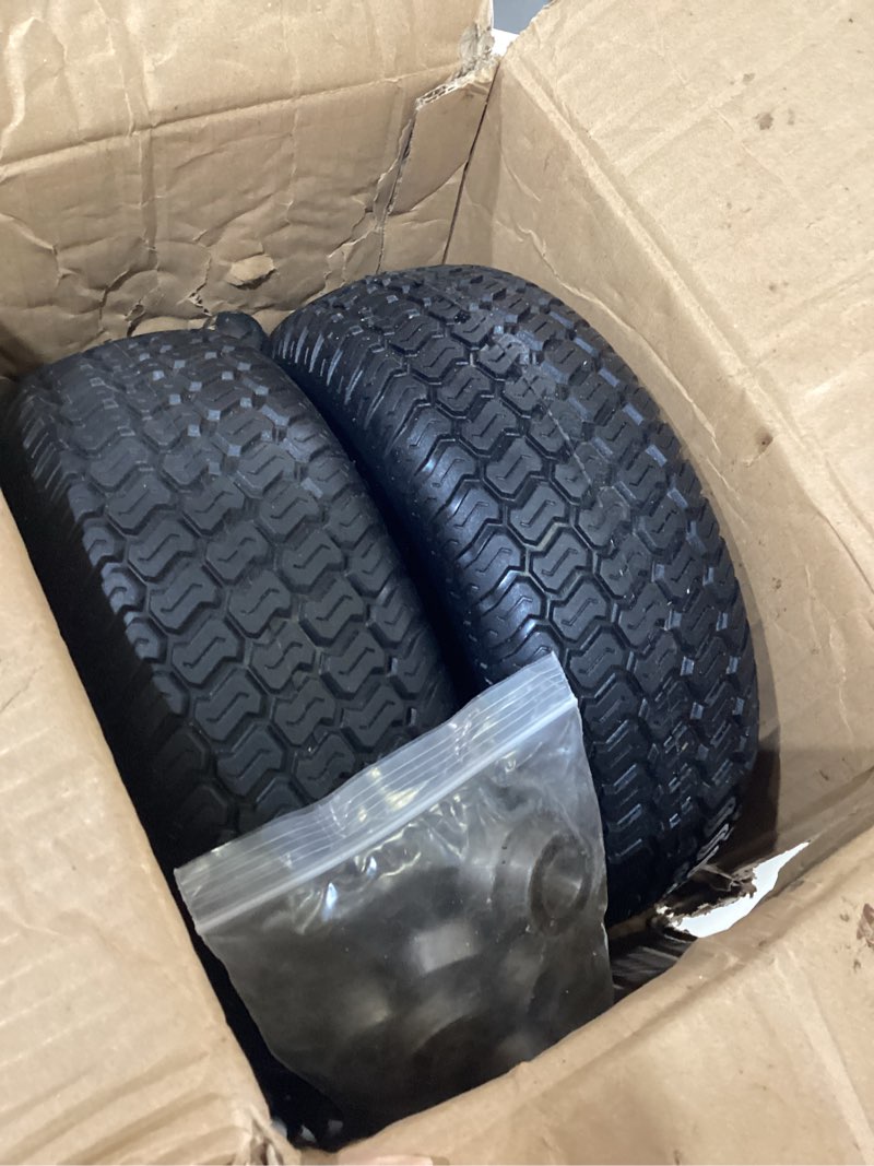 Condition photo showing As Is for 11x4.00-5 flat free lawn mower tires and wheel,zero turn lawn mower replacement tires,11x4-5 solid tractor turf tire with rim,3.4" centered hub,3/4"&5/8"&1/2" bearing with adapter kit-black