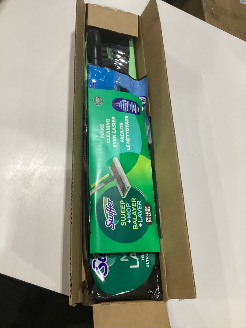 Condition photo showing New/Like New for swiffer sweep and mop deluxe  2-in-1 floor mopping and sweeping kit  includes 1 sweeper device  5 heavy duty dry sweeping cloths  6 heavy duty wet mopping cloths