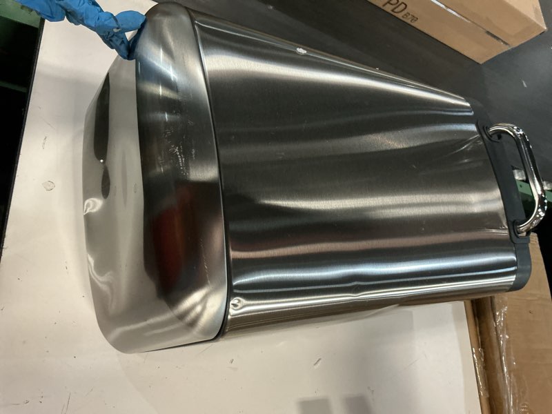 Condition photo showing As Is for (Defect, It’s dented)Amazon Basics Rectangular Small Trash Can with Soft-Close Step Pedal, Removable Inner Bucket, Hands-Free, Space-Saving, Smudge Resistant, 20l / 5.3 gallon, Nickel Wide 5.3 gallon Nickel