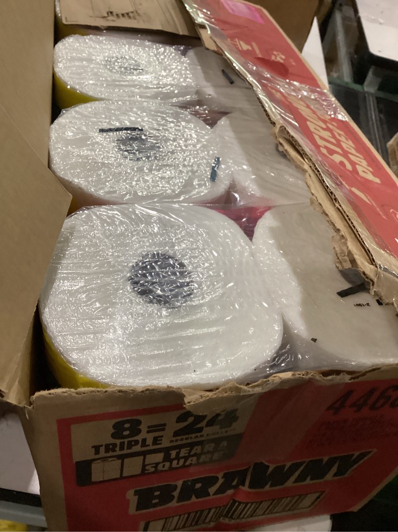 Condition photo showing Good Condition for brawny tear-a-square 3-ply paper towels, 8 triple rolls = 24 regular rolls, strong, absorbent, and durable with 3 sheet sizes (quarter, half, full) triple 8 triple rolls