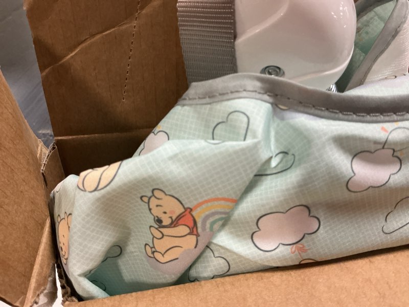 Condition photo showing As Is for bright starts disney baby winnie the pooh activity door jumper, once upon a bounce, toy bar, melodies & vibrations, newborn+