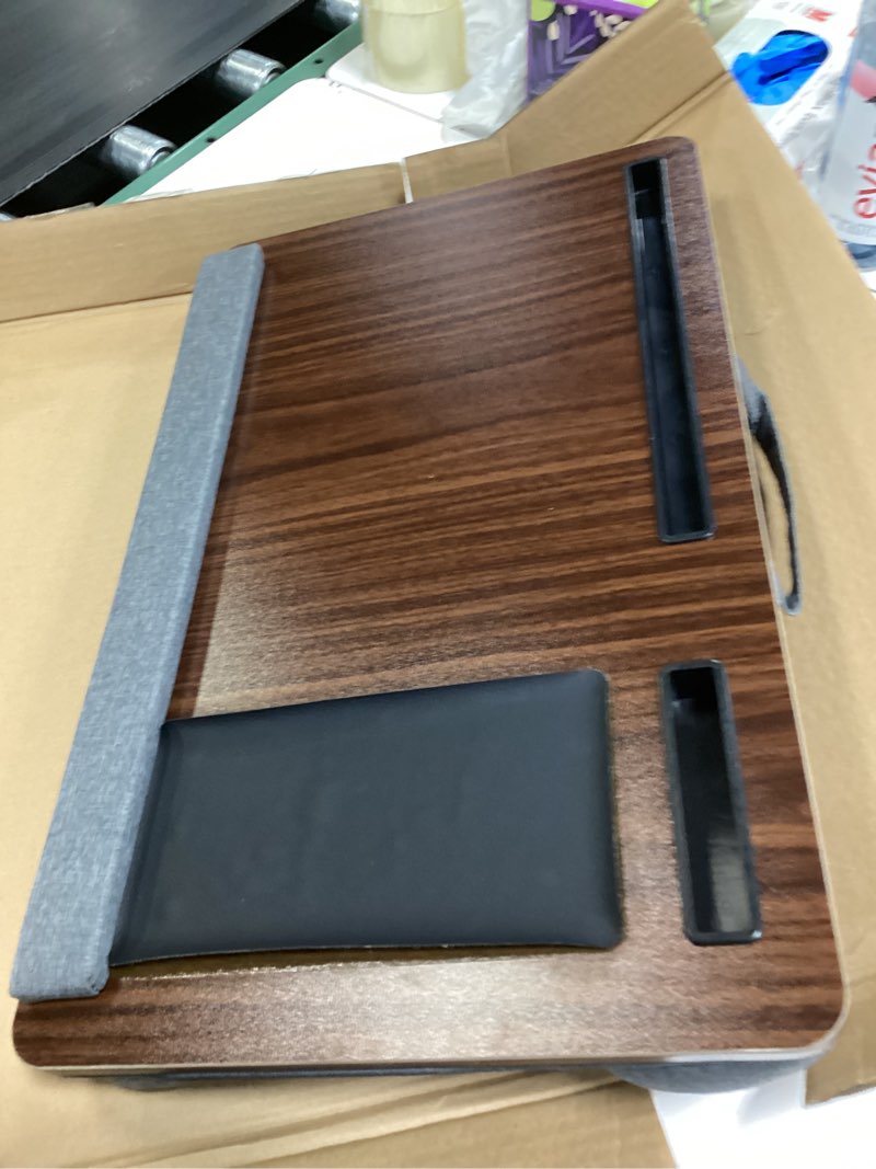 Condition photo showing Good Condition for Portable Large Lap Desk for Bed, Up to 17 Inch Laptop Table with Wrist Rest, Mouse Pad, Tablet Phone Slot, Portable Handle, Cushion (Dark Brown)