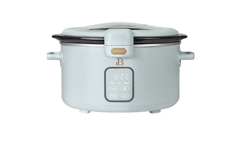  beautiful 4 qt digital slow cooker with hinged locking lid, hydrangea by drew barrymore