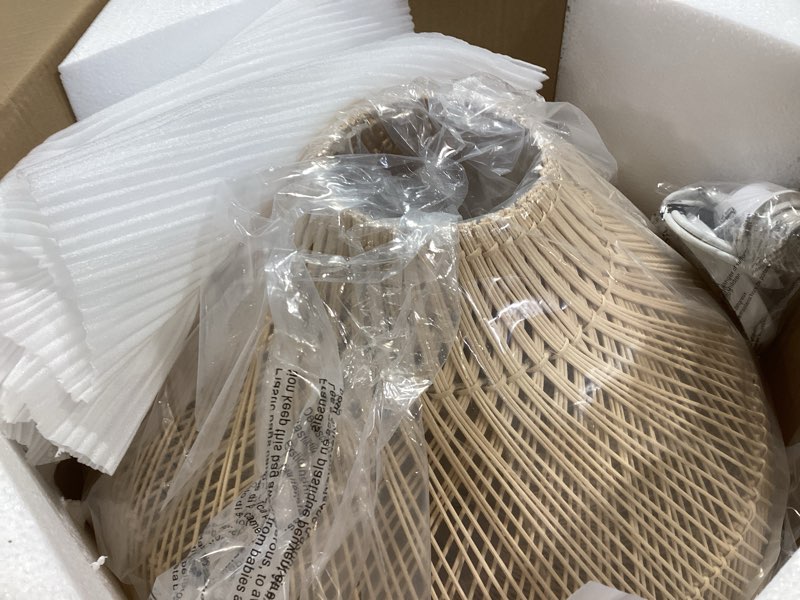 Condition photo showing Good Condition for Large Rattan Pendant Light, 19.7" Rattan Boho Wicker Chandelier Hand-Woven Basket Pendant Light Fixtures for Dining Room Kitchen Island Living Room 20" Large Raindrop Light