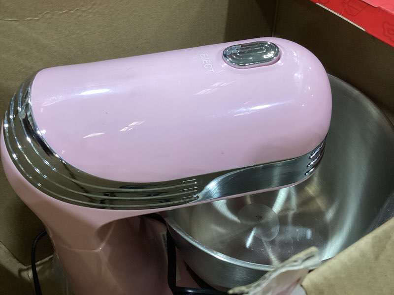 Condition photo showing As Is for dash everyday stand mixer - compact tilt-head stand mixer for everyday recipes - 6-speed power with stainless steel bowl - pink, 3-quart pink mixer
