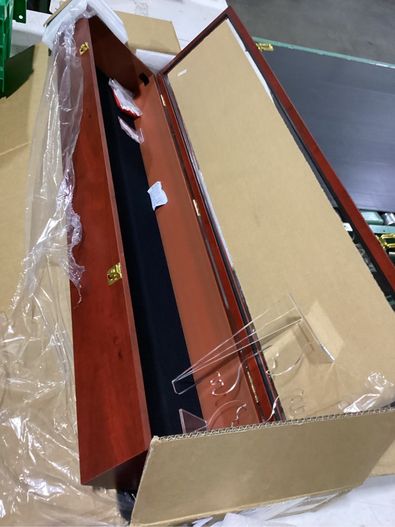 Condition photo showing New/Like New for long display case cabinet lockable door mahogany finish