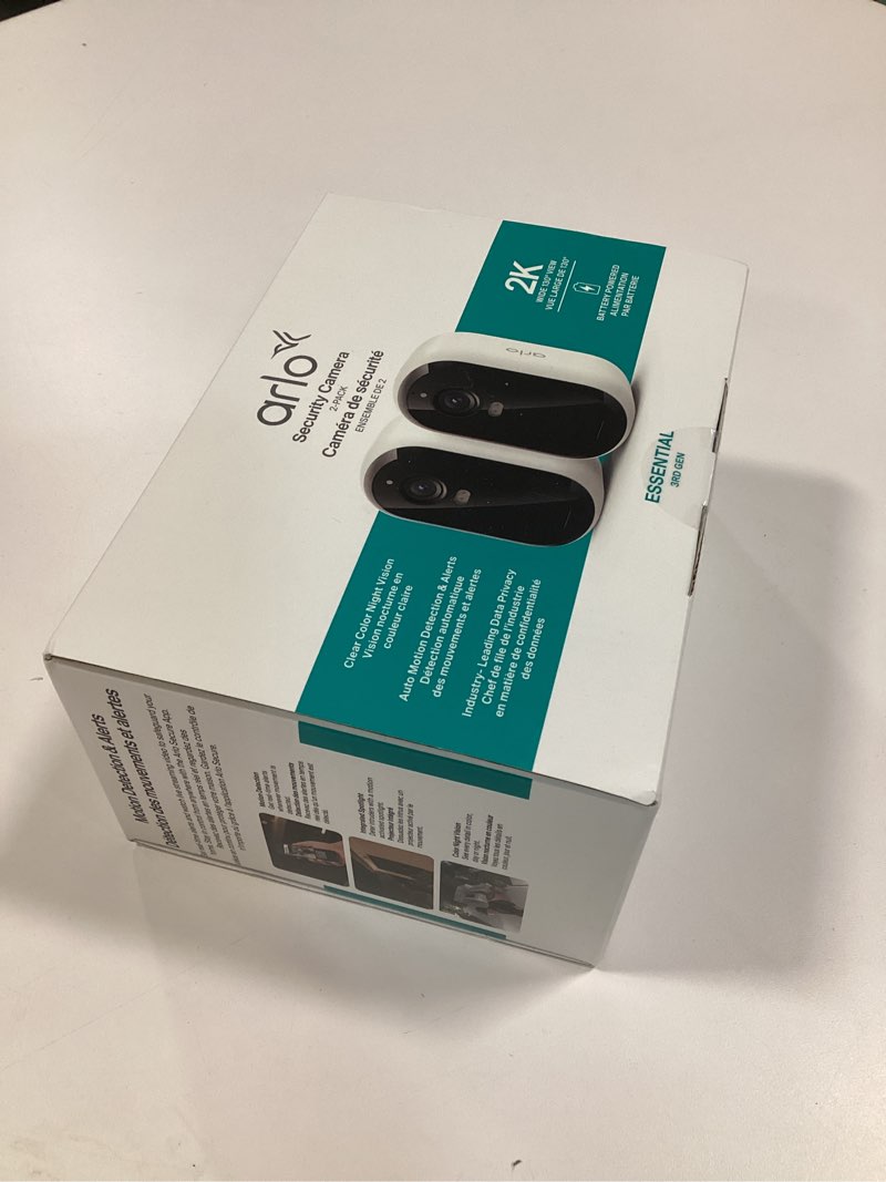 Condition photo showing New/Like New for Arlo Essential Security Wireless 2K Camera with Spotlight, Indoor/Outdoor, 2nd Gen, 2-Way Audio, Color Night Vision, Motion Activation, Real Time Notifications, White, VMC3250, 2-Pack (Renewed) Essential 2nd Gen (2 Cameras)
