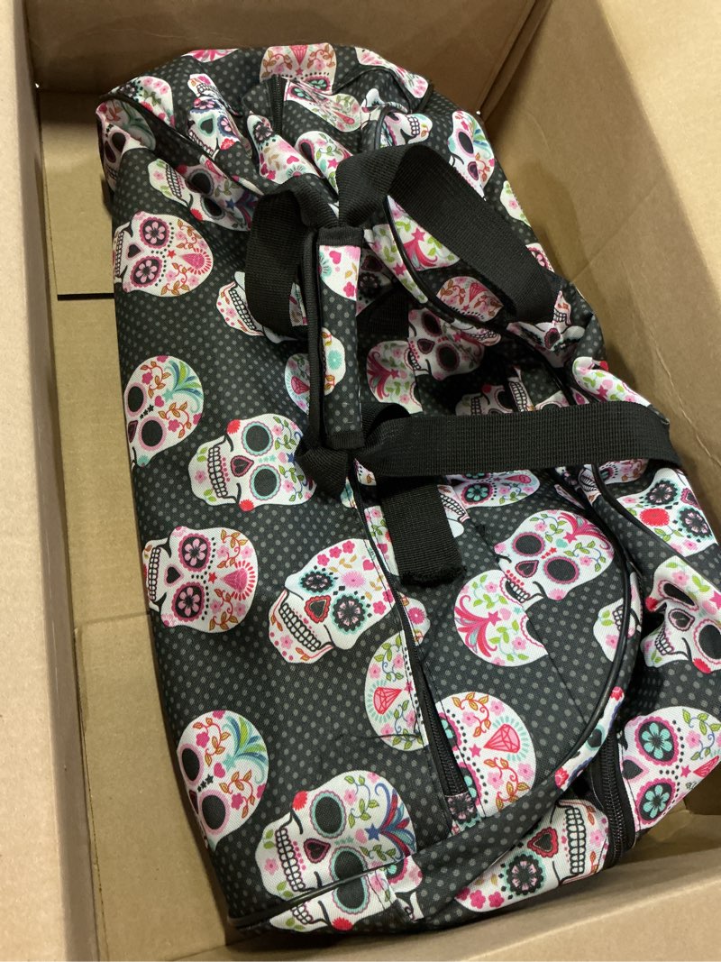 Condition photo showing As Is for betsey johnson designer carry on luggage collection - lightweight pattern 22 inch duffel bag- weekender overnight business travel suitcase with 2- rolling spinner wheels (skull party) one size skull party