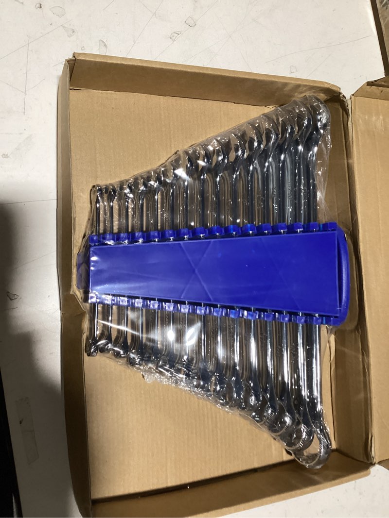 Condition photo showing As Is for Max Torque 15-Piece Premium Combination Wrench Set, Complete SAE Inch Sizes from 1/4” to 1” with Rack Organizer | Cr-V Steel, Mirror Chrome Finish, Long Pattern, V-Groove Open End and 12-Point Box End Regular Size Set