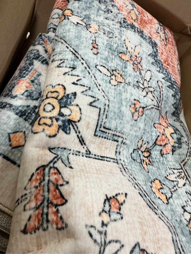 Condition photo showing As Is for Area Rug 6'x9' Washable Vintage Traditional Distressed Thin Retro Kitchen Indoor Floor Cover Non Slip Carpet Floral Print Mat for Living Room Bedroom Dining Room Khaki and Blue 6' x 9' (Rectangular)