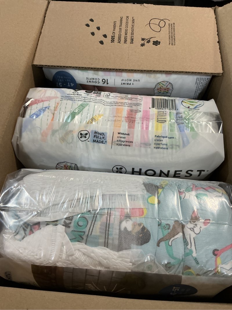 Condition photo showing New/Like New for The Honest Company Clean Conscious Training Pants for Sensitive Skin | Hypoallergenic, Fragrance Free | Let's Color + See Me Rollin' | Size 4T/5T (38+ lbs), 48 Count Let's Color + See Me Rollin' Size 4T/5T 48