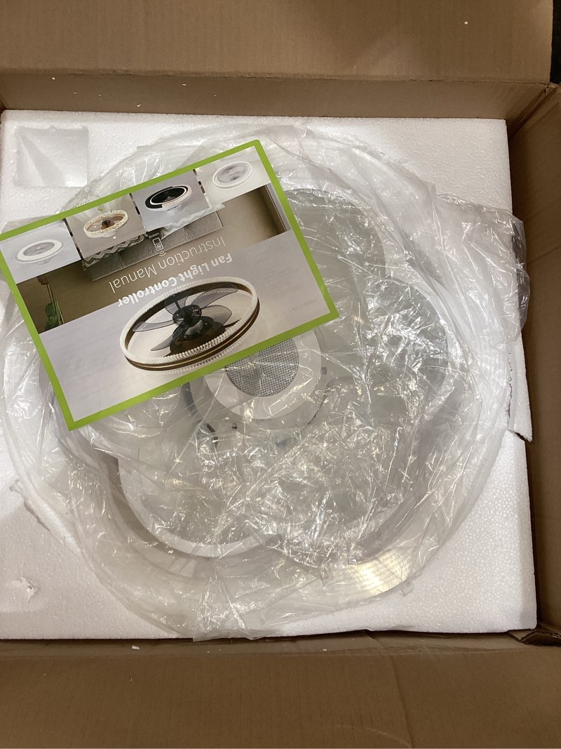 Condition photo showing Good Condition for ceiling fan with lights remote control, enclosed flower light fan, with bluetooth speaker 3 colors dimmable 6 speeds, flush mount bladeless petal chandelier app control 19.6 in for bedroom, indoor