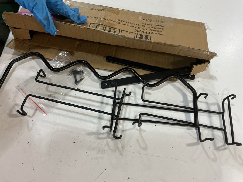 Condition photo showing As Is for wallniture piccola under cabinet wine rack & glasses holder, kitchen organization with 6 bottle organizer metal black