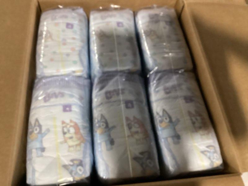 Condition photo showing New/Like New for luvs size 4 baby diapers, platinum protection bluey diapers for day & night, size 4, 198 count (packaging may vary) size 4 198