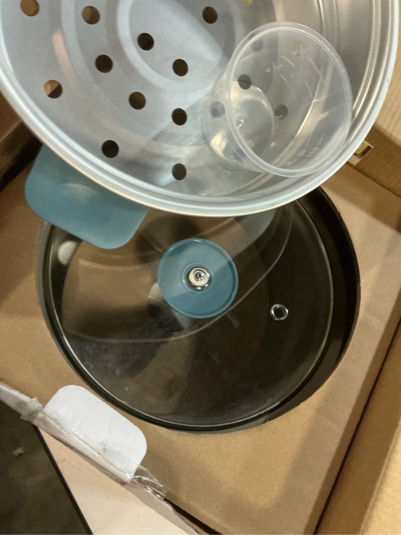 Condition photo showing As Is for bella 16 cup rice cooker with steamer, dishwasher safe steaming basket, rice paddle and measuring cup, removable nonstick cooking bowl, automatic keep warm function?, 400 watt, surf