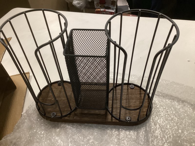 Condition photo showing Good Condition for 3-Compartment Coffee Cup & Lid Holder – Countertop Coffee Station Organizer with Wooden Base – Durable Dispenser for Disposable Cups, Lids & Straws – Fits Coffee Cups Up to 16oz