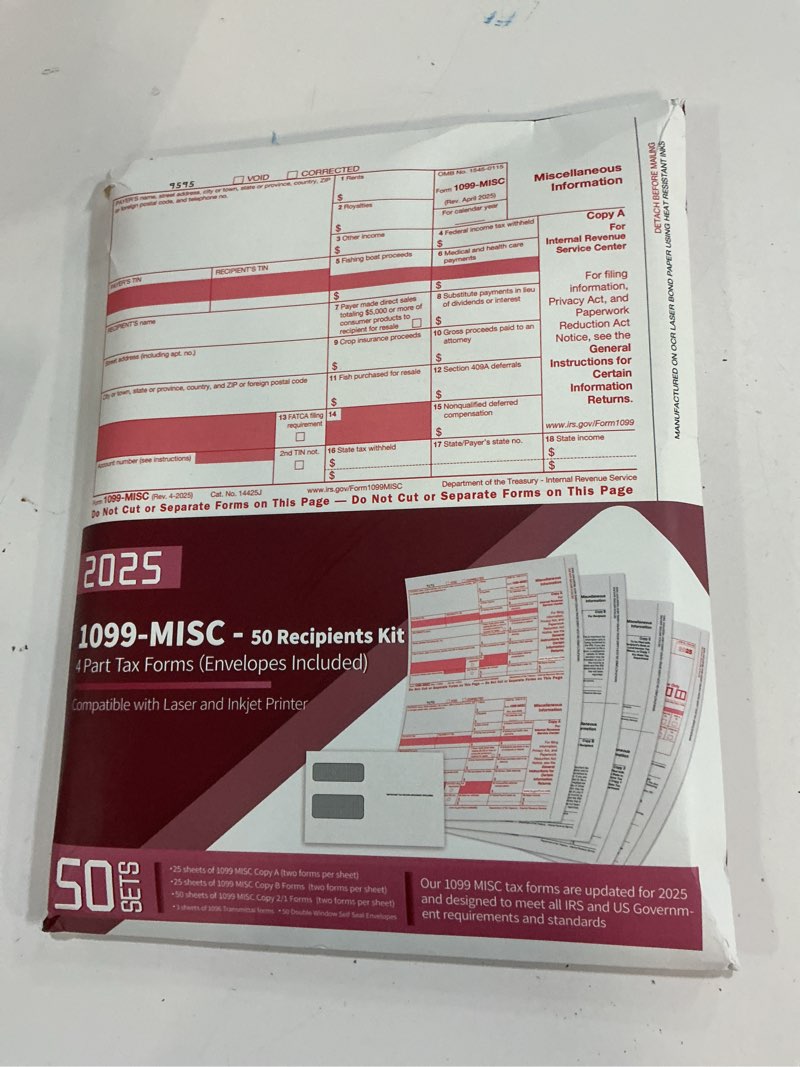 Condition photo showing New/Like New for 1099 misc forms 2025 with envelopes, 50 2025 1099 misc tax forms, 4 part, with 50 self seal envelopes with 3 1096 included 1099 misc-50pcs