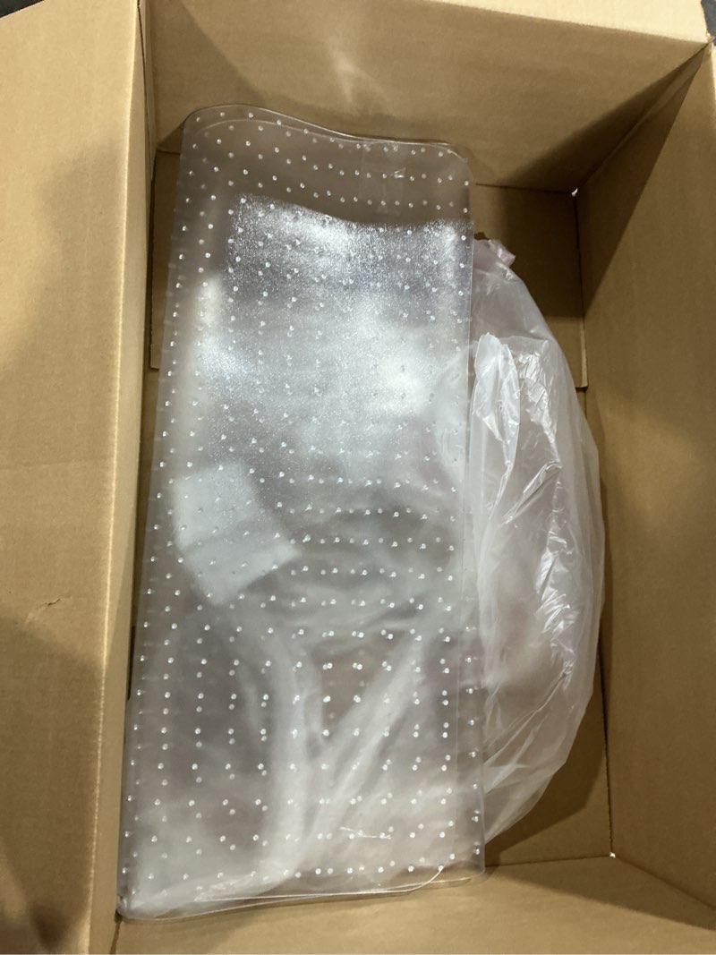 Condition photo showing Good Condition for (unknown size) office chair mat for carpeted floor, 63\"x51\" clear desk mat for carpet large protector floor mat on low pile carpets, easy glide rolling plastic floor mat, computer chair mat for home office