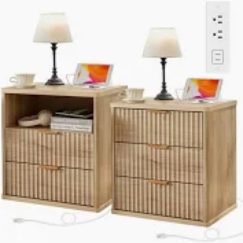 CozyMine Fluted Nightstand Set of 2, Multifunctional 3 Drawers Storage Bedside Table with Charging S