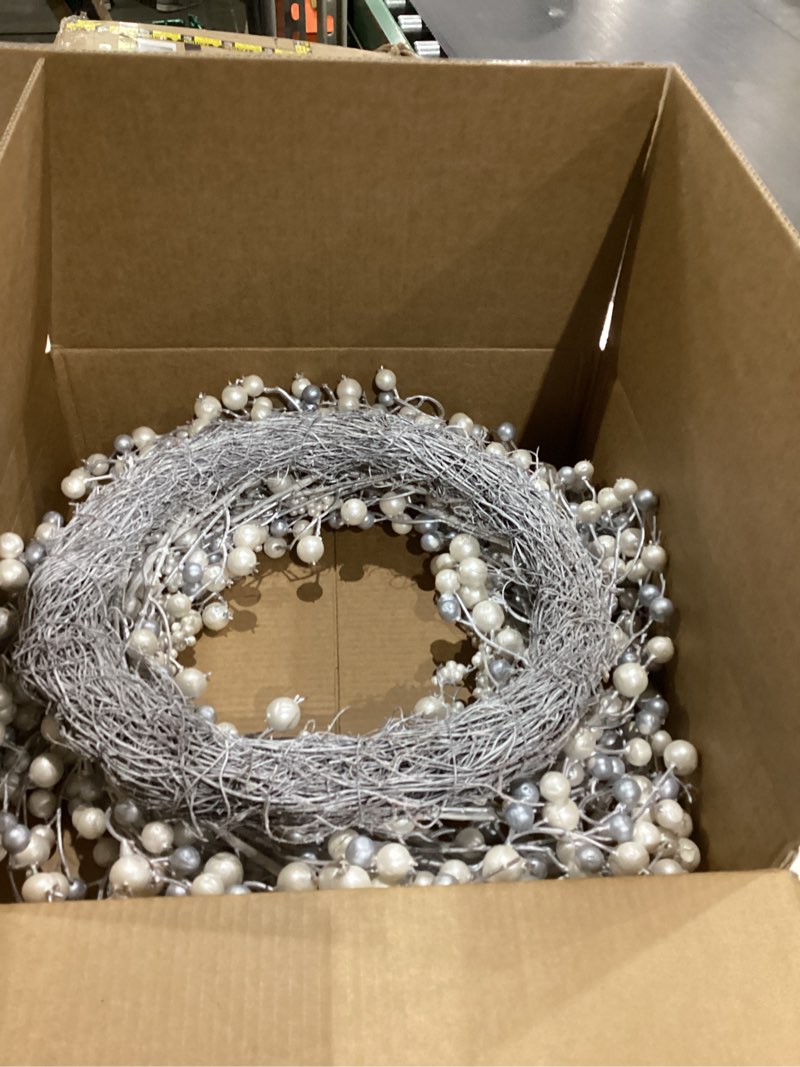Condition photo showing Good Condition for Huashen 24 Inch Spring Front Door Wreath Winter Berry Wreath Metallic Effect Pearl White & Silver Berry Christmas Wreaths for Front Door Wall Window Hanging Christmas Decoration Home Décor Silvery White