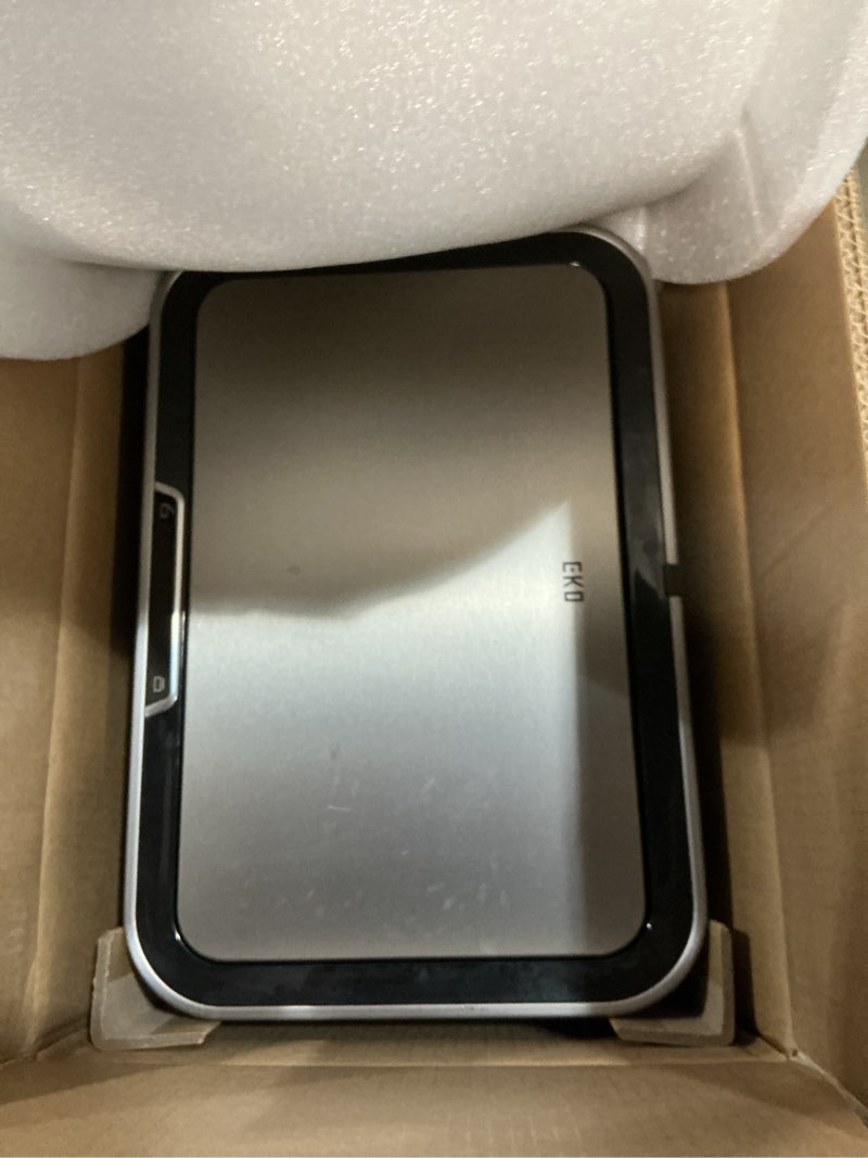 Condition photo showing As Is for EKO Deluxe Mirage-T 50 Liter / 13.2 Gallon Touchless Rectangular Motion Sensor Trash Can, Matte Stainless Steel Finish Deluxe 50 Liter