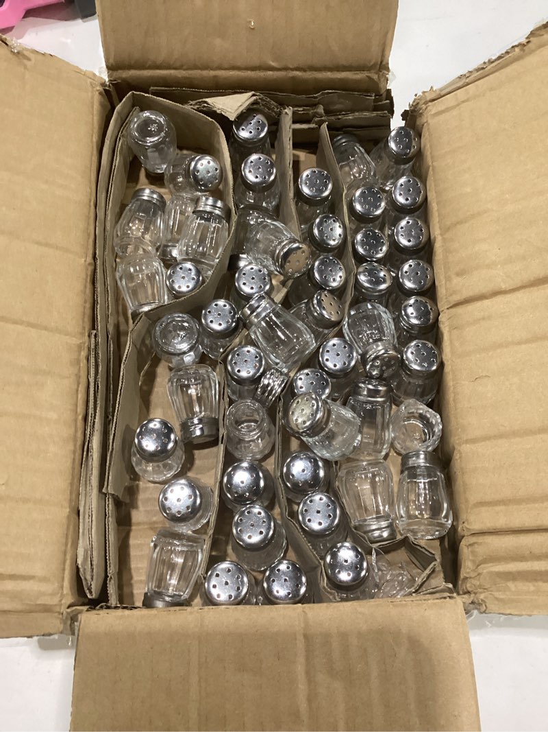 Condition photo showing As Is for incomplete 100 pcs mini salt and pepper shakers 0.5 oz, small bulk cube glass spice shaker container tiny glass seasoning jars with stainless steel lid for travel home camp restaurant party supplies, 2 styles