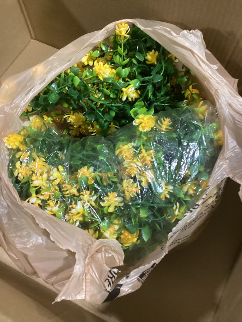 Condition photo showing As Is for RECUTMS Hanging Garland Plants Artificial Eucalyptus Garland Fake Hanging Eucalyptus Leaf Garlands with Flowers Faux Vine Plants for Indoor Outdoor Autumn Thanksgiving Wall Arch Wedding Decor(Yellow)