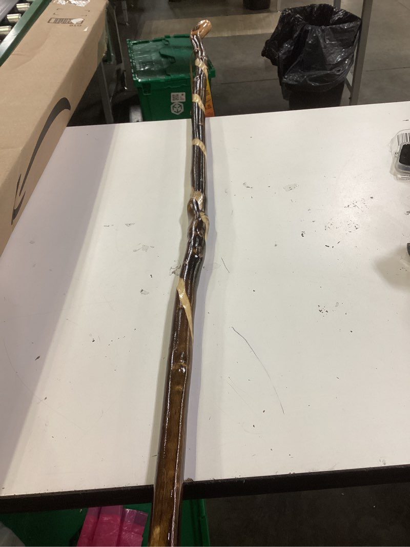 Condition photo showing Good Condition for handcrafted nature wood hiking stick 55 inches long - with hand strap and rubber tip cover - transparent waterproof painting coating mimetic root head