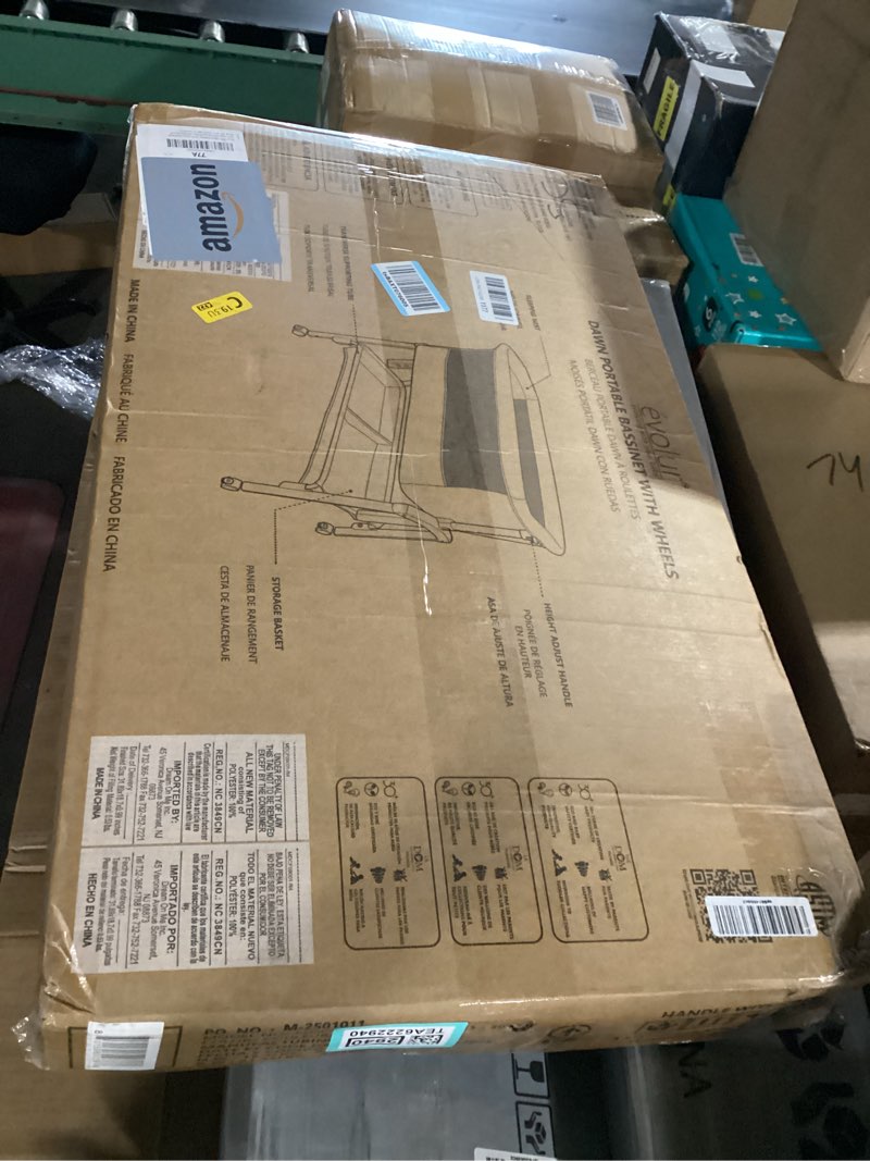 Condition photo showing New/Like New for evolur lullaby portable bassinet with wheels, adjustable bedside sleeper, breathable mesh sides, large storage basket, easy fold, and travel bag included, perfect for newborns & infants - biege