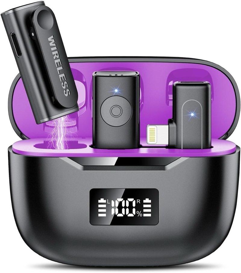 2 Pack Wireless Lavalier Microphone for iOS Phone/Pad, Lapel Clip-on Noise Cancelling Lapel Mic, Cordless Omnidirectional Condenser Recording Mic with LED Display for Recording Youtube Vlogger