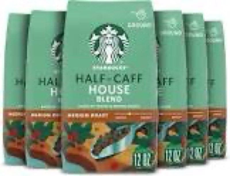 (best before:jun/09/2026)starbucks ground coffee, medium roast coffee, half-caff house blend, 100% arabica, 6 bags (12 oz each)