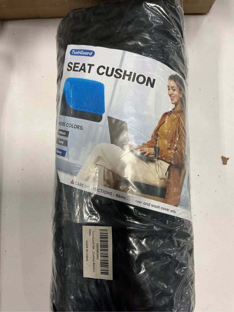 Condition photo showing Good Condition for tushguard gel seat cushion for long sitting, breathable thick patent design | enlarged cooling chair pad for office, wheelchair, soft car cushion for back, hip, sciatica (standard, black+blue) black & blue 16.5×15×1.6 inch