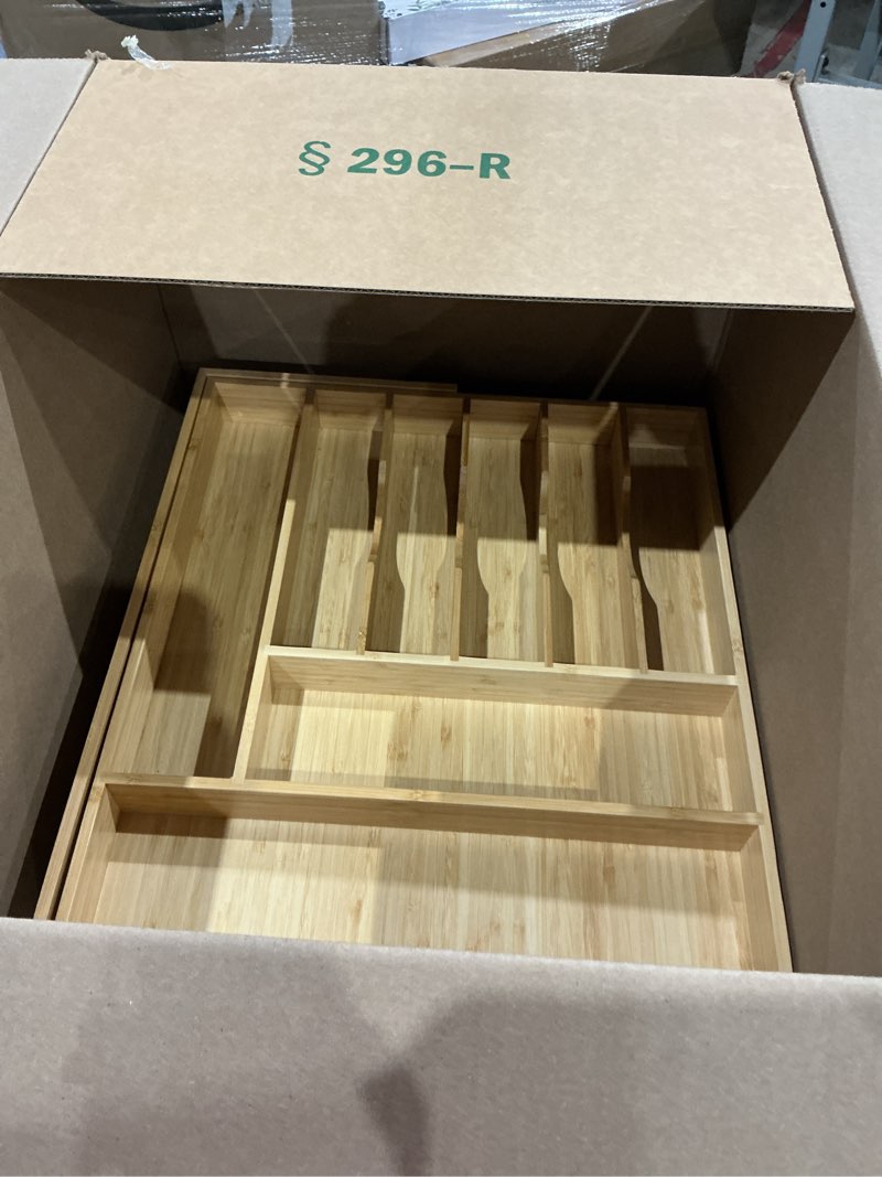 Condition photo showing Good Condition for umilife extra large expandable kitchen siverware utensils drawer organizer, 19" deep for big drawer, adjustable bamboo wood drawer divider with curved grooves, cutlery tray flatware holder expandable 17~28 x 19 inch