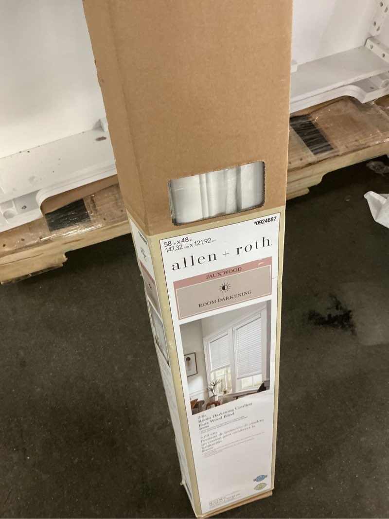 Condition photo showing As Is for allen + roth Cordless Faux Wood 2-in Slat Width 39.25-in x 84-in Cordless White Faux wood Room