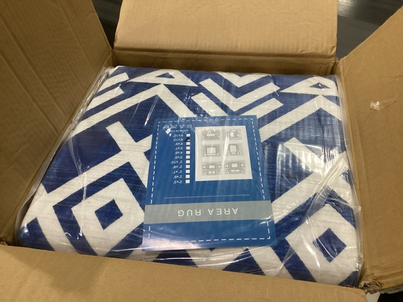 Condition photo showing New/Like New for modern geometric area rug, plush faux wool machine washable large carpet with non-slip backing for living room, dining table, bedroom farmhouse home office decor blue white 8' x 10' (rectangular)