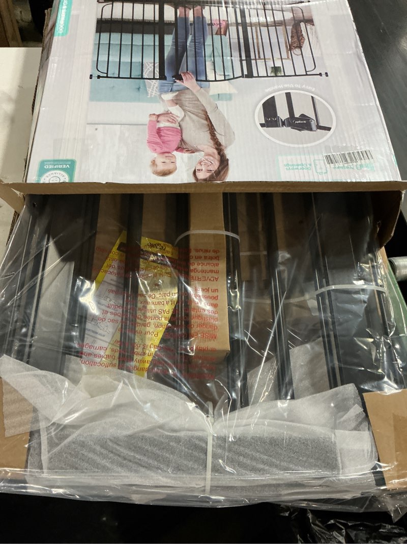 Condition photo showing New/Like New for regalo safety 30.5-58" extra wide arch baby gate with door, pressure mount walk through gate for doorways & bottom of stairs, babies, toddlers & pets, tested & safe, american designed, american owned black - 30.5-58"w x 30"h