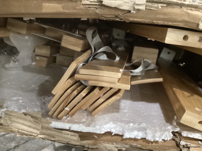 Condition photo showing As Is for 14 Inch Bamboo Bed Frame – Queen Size Solid Wood Platform Bed Frame, Strong and Stable, with Non-Slip Slats for Support, No Box Spring Needed, Easy to Assemble, Noise-Free (Natural, Queen)