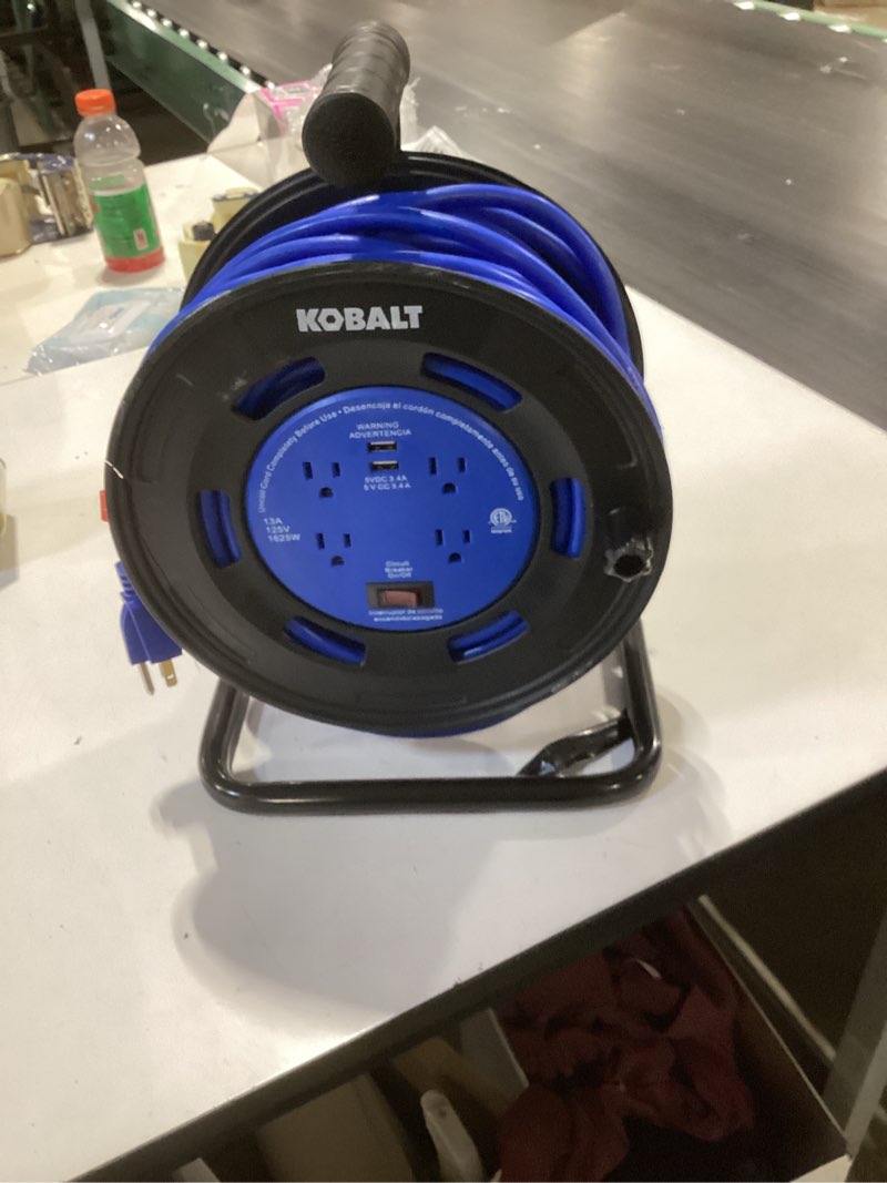 Condition photo showing As Is for kobalt 4-outlet kobalt black/blue cord reel 2-usb w/80ft 14/3 sjtw ext cord