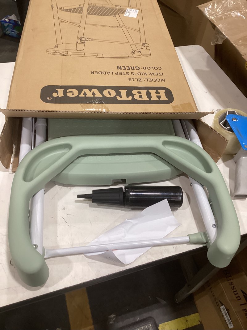 Condition photo showing As Is for hbtower kids step stool 2 steps, toddler tower for kitchen counter learning, toddler kitchen stool helper with anti-drop safty railing kids standing folding stepper, green