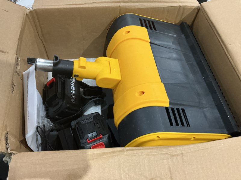 Condition photo showing As Is for electric snow shovel, 21000rpm cordless snow blower, 13" snow blower with 2 powered 24v batteries, lightweight for easy snow removal on steps,patio,driveway,home,yellow
