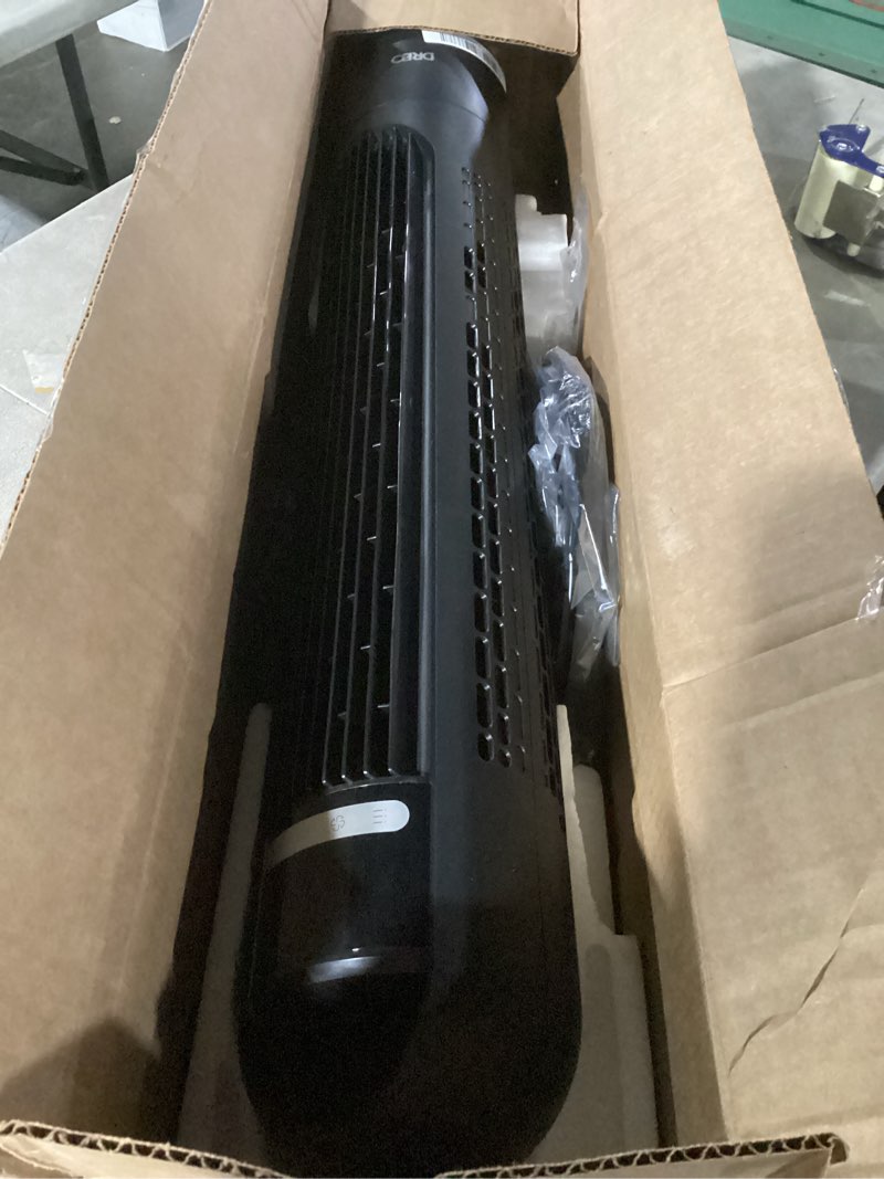 Condition photo showing As Is for dreo tower fan for bedroom, 90° oscillating standing fans for room with 4 speeds, 3 modes, 28db quiet for sleep, 25ft/s velocity, 8h timer, remote, living room, office, home, black