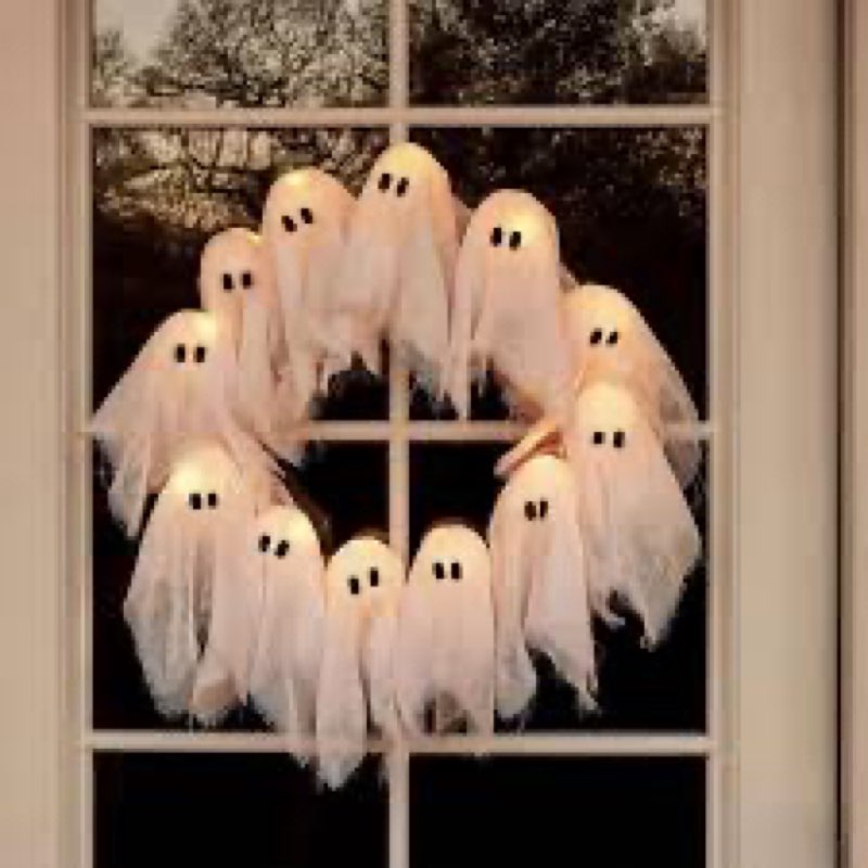 Halloween Ghost Wreath with 12 LED Glowing Ghosts - Light Up White Garland for Front Door, Battery P
