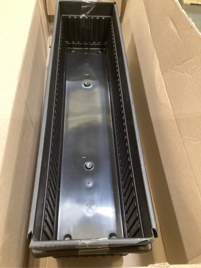 Condition photo showing As Is for the hc companies 24 inch eclipse window planter box with drainage holes & attached saucer, lightweight uv-resistant plastic indoor & outdoor planters, 2-pack flower box for garden & home decor, black black 24" (pack of 2)