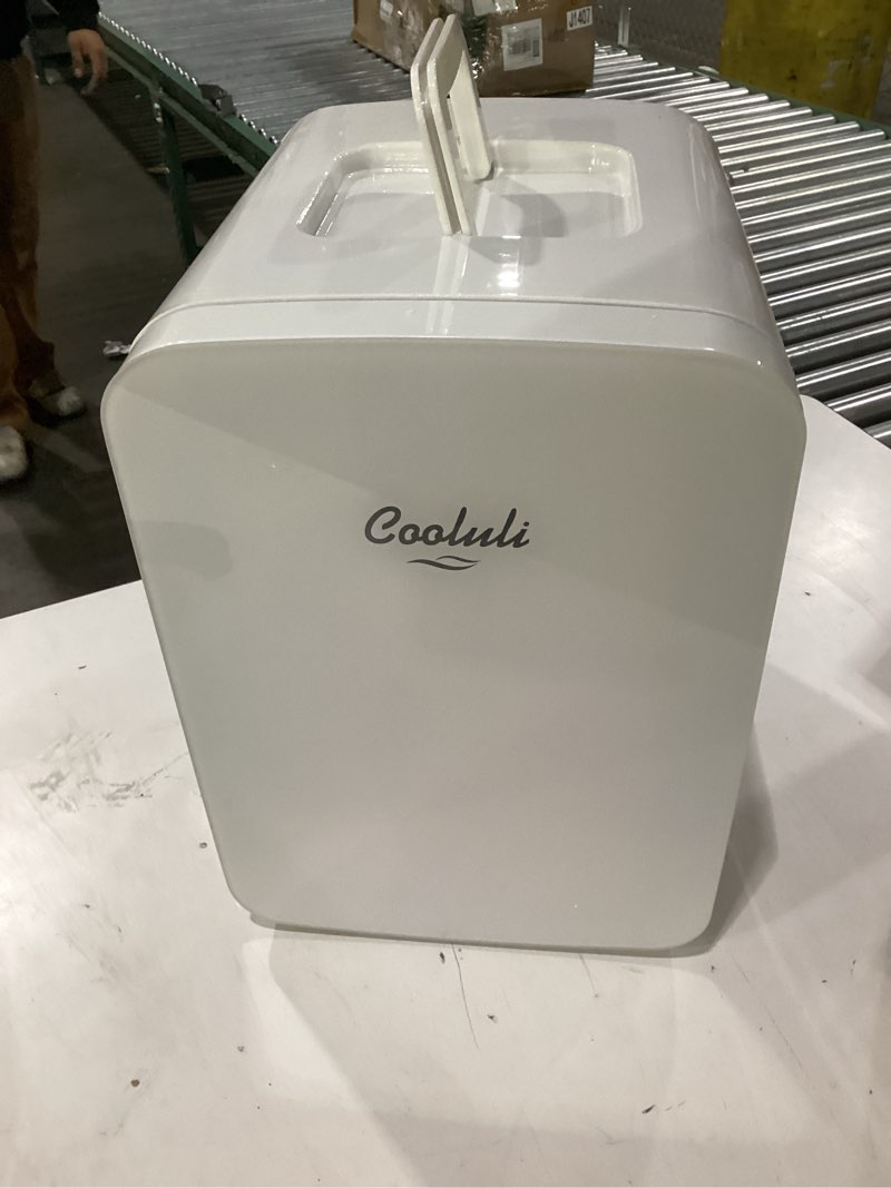 Condition photo showing New/Like New for Cooluli 15L Mini Fridge for Bedroom, Car, Office Desk & College Dorm - 12V Portable Cooler & Warmer for Food, Drinks, Skincare - AC/DC Small Refrigerator with Glass Front, White 15 Liter White