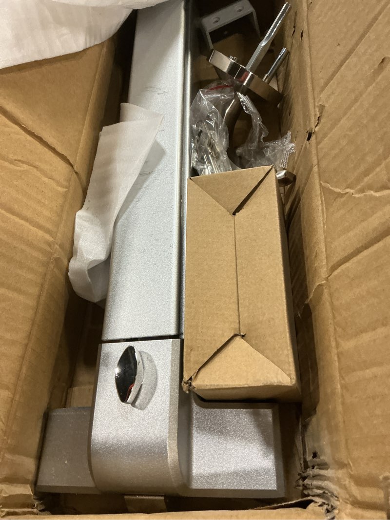 Condition photo showing As Is for 31.5”/80cm stainless steel commercial door push bar panic exit device with exterior lever handle - fits 30"-37" wood & metal doors with handle