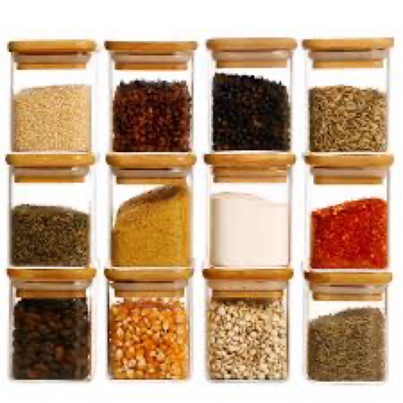 12 pcs square glass spice jars with natural bamboo lids - 5oz airtight herb containers with 148 waterproof minimalist spice labels preprinted - empty small seasoning jars for kitchen pantry