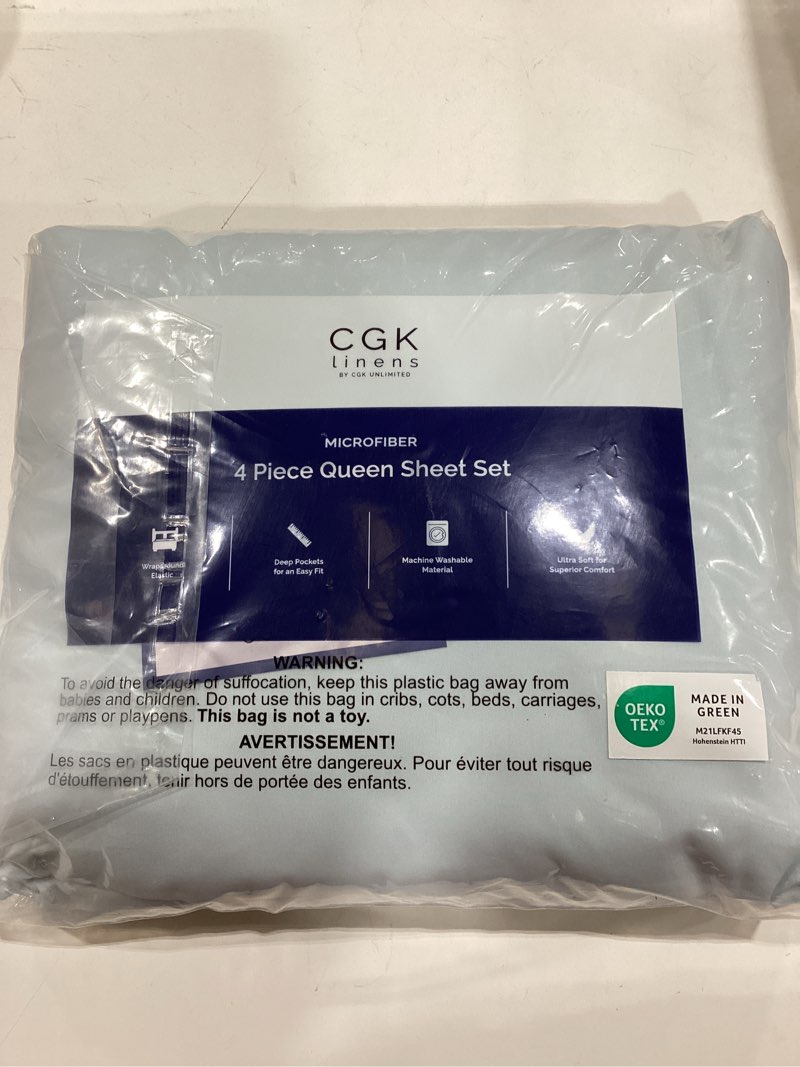 Condition photo showing As Is for Queen Size 4 Piece Sheet Set - Comfy Breathable & Cooling Bed Sheets Set - Hotel Luxury Bedding for Women, Men, Kids, Teens, Boys & Girls - Deep Pockets, Ultra-Soft, Wrinkle Free - Oeko-Tex - Ice Blue 17 - Ice Blue Queen
