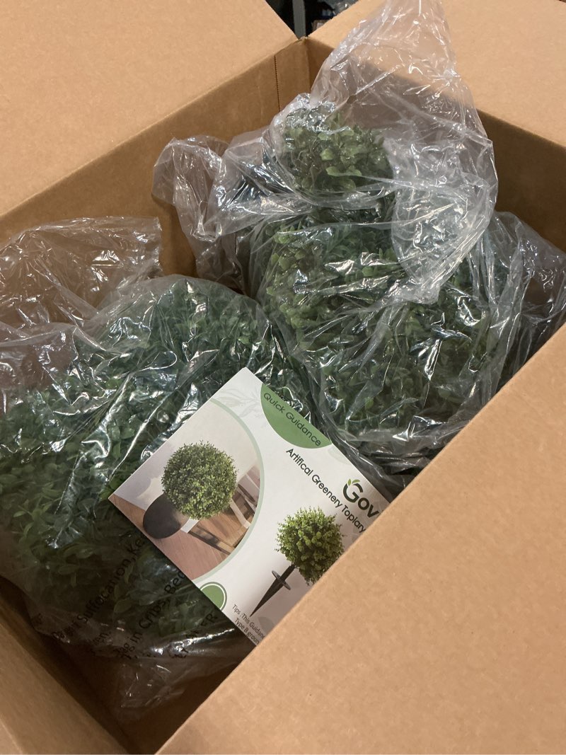 Condition photo showing Good Condition for Artificial Boxwood Topiary Ball Trees, 24" Faux Outdoor Boxwood Tree with Spike Set of 2, UV Resistant Faux Shrubs Fake Evergreen Plants for Indoor, Garden, Front Porch, Patio Decor