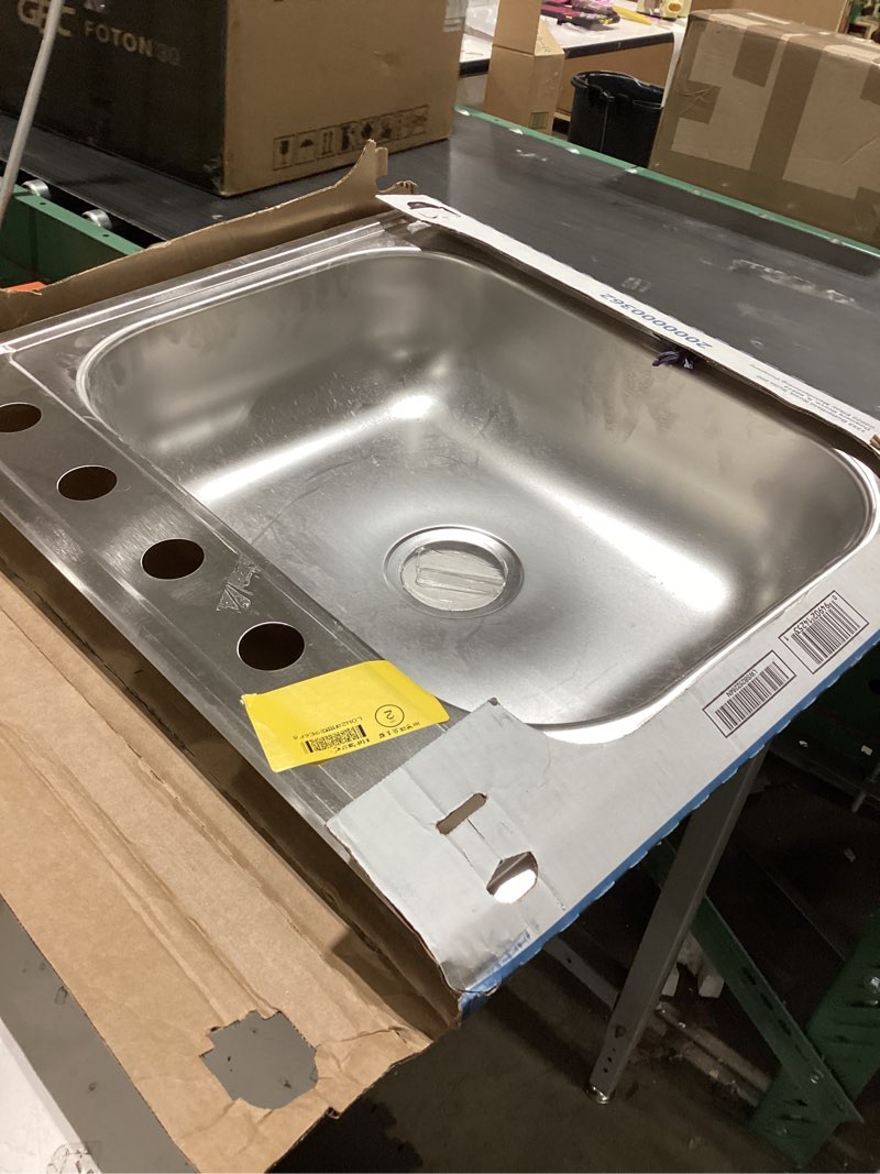 Condition photo showing As Is for transolid stsb25227-4 select 4-hole drop-in single bowl 20-gauge stainless steel kitchen sink, 25-in x 22-in x 7-in, brushed finish