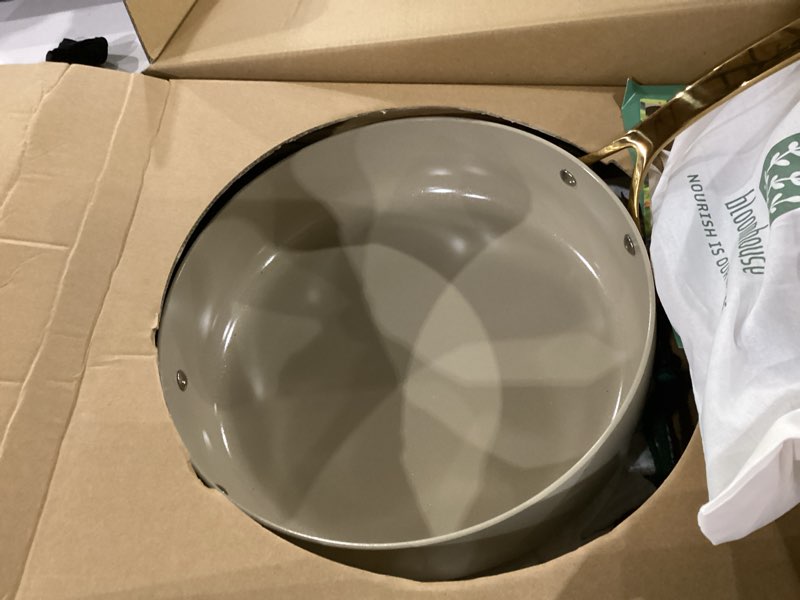 Condition photo showing New/Like New for bloomhouse - two time oprah's favorite things winner - 6 qt heavy duty aluminum premium pfa free ceramic nonstick saute/deep frying pan skillet with lid - almond cream w/gold handle almond cream w/ gold handle saute pan w/ lid (6-quart)
